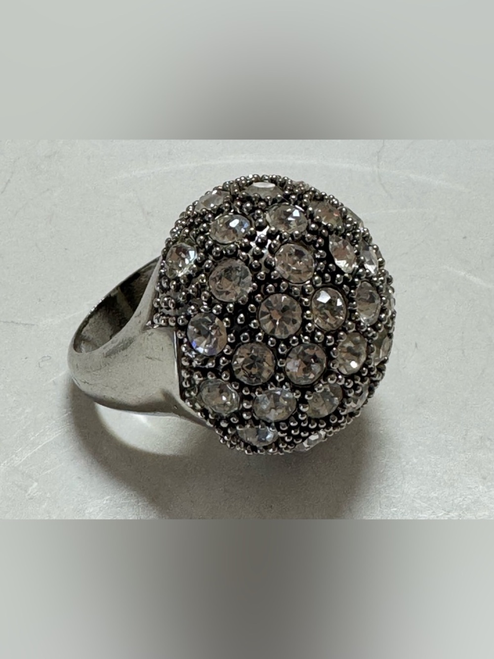 Silver Tone Clear Rhinestone Statement Ring - size 6.5